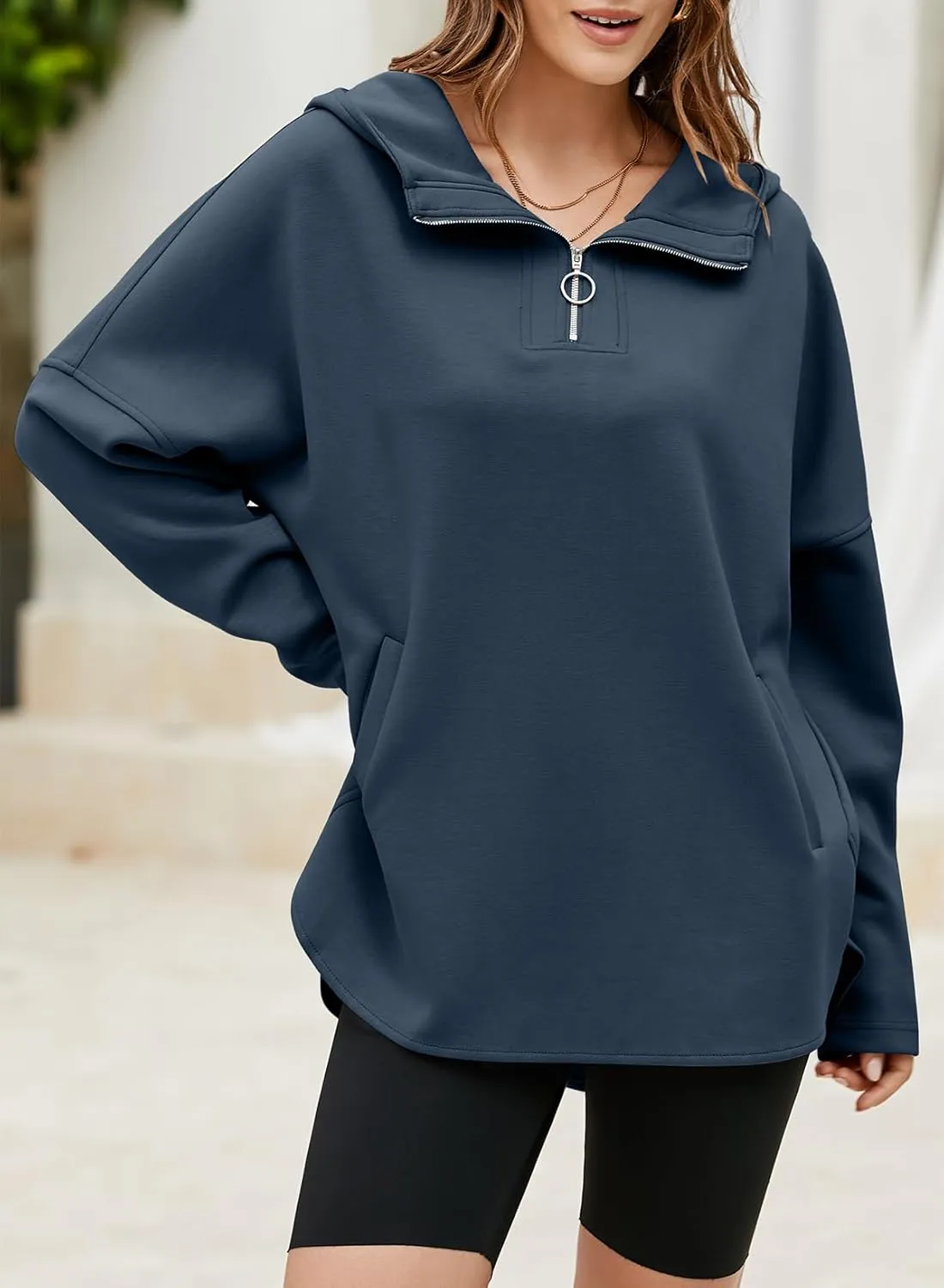 EVALESS Women's Oversized Hoodies Casual Long Sleeve Half Zipper Pocket Sweatshirt Pullover Tops
