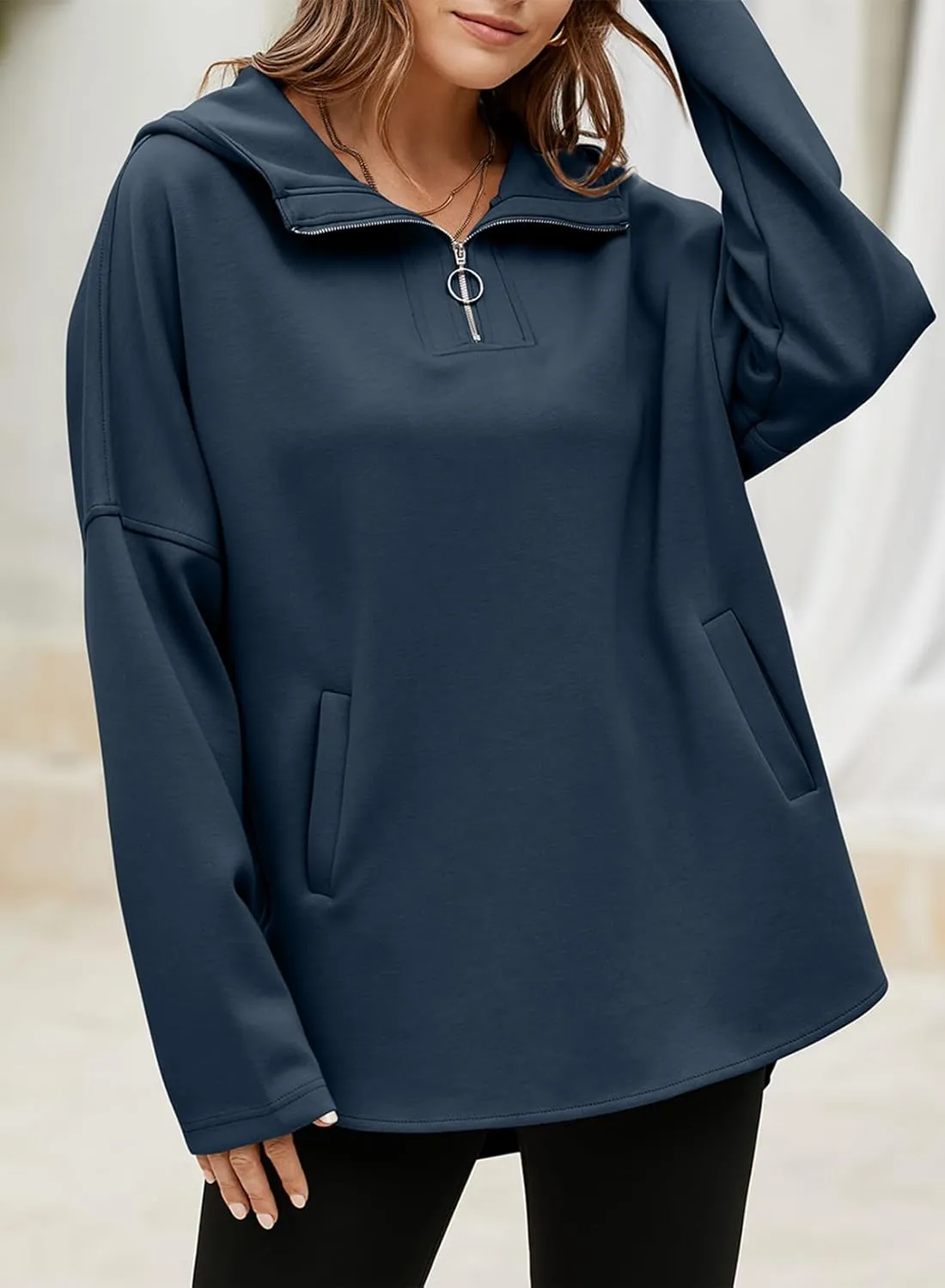 EVALESS Women's Oversized Hoodies Casual Long Sleeve Half Zipper Pocket Sweatshirt Pullover Tops