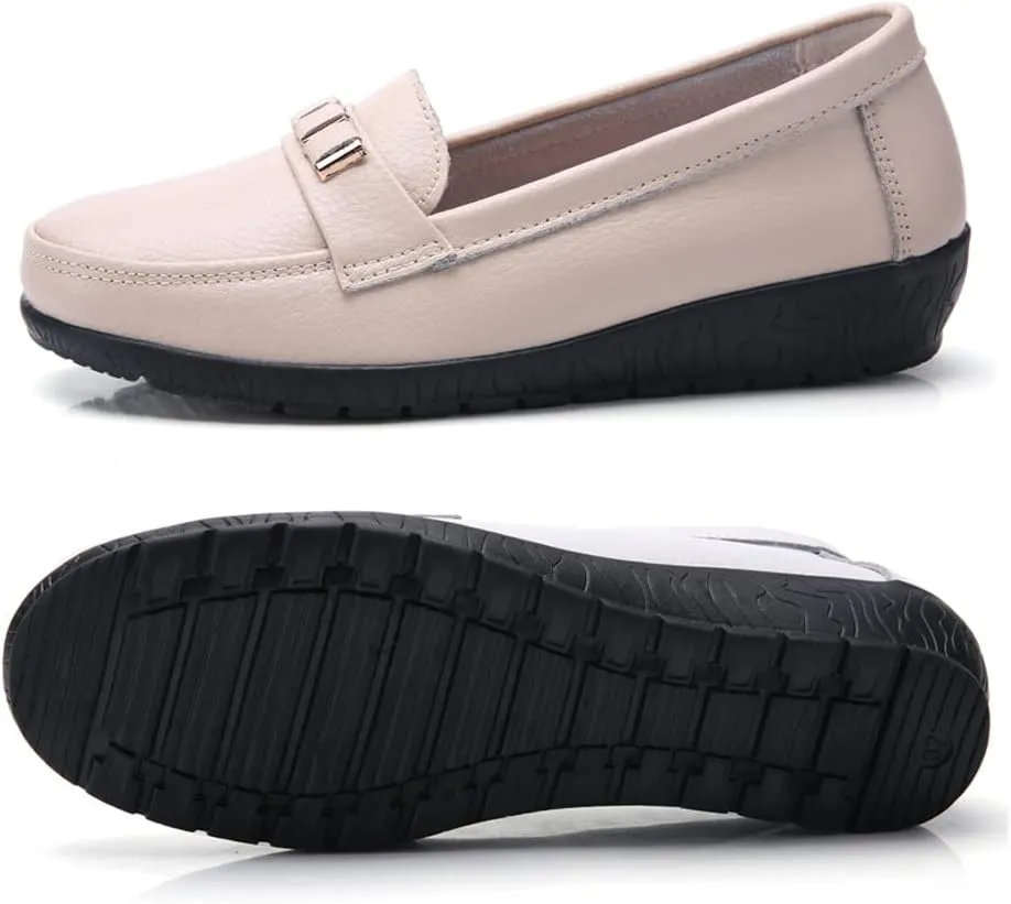 FolHaoth Loafers for Womens Comfortable Leather Moccasins Dress Shoes Casual Slip On Walking Womens Flats Loafers Fashion Boat Shoes Classic Nurse Work Flat Shoes