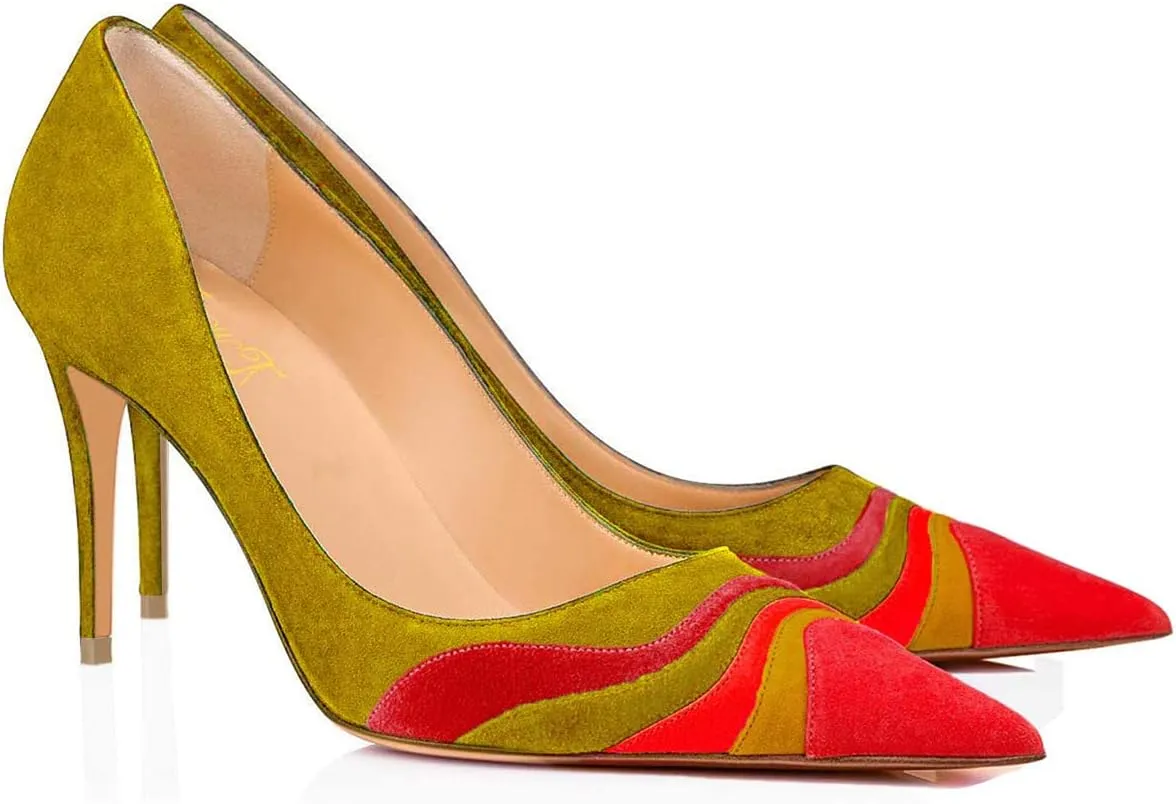 FOWT Women Kitten Heels Pumps High Heel Pointed Toe Pump Slip-on Rainbow Shoes for Dress Party Girl Ladies Full Size 4-16 M US