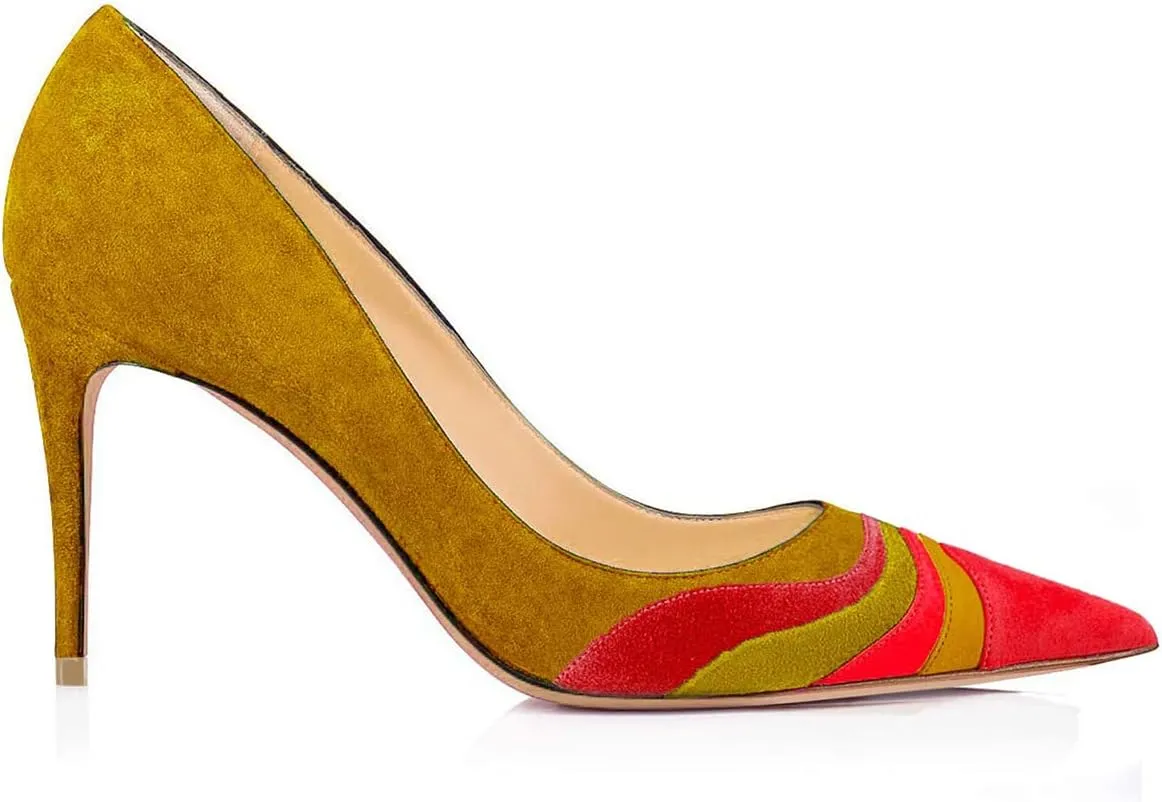 FOWT Women Kitten Heels Pumps High Heel Pointed Toe Pump Slip-on Rainbow Shoes for Dress Party Girl Ladies Full Size 4-16 M US