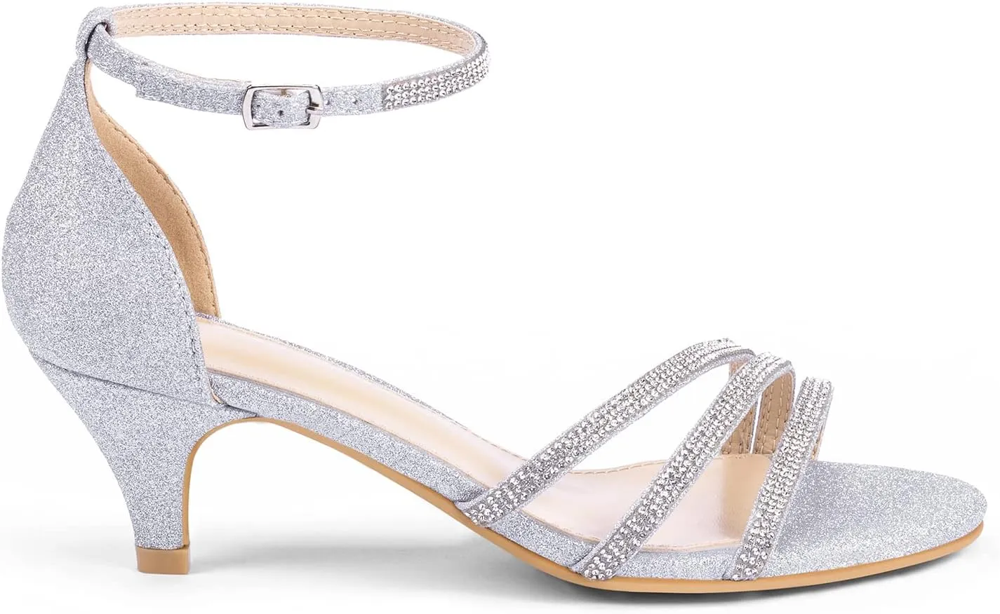 Frank Mully Women's Sparkly Low Kitten Heel Open Toe Sandals Ankle Strap Glitter Bridal Wedding Dress Pump Shoes