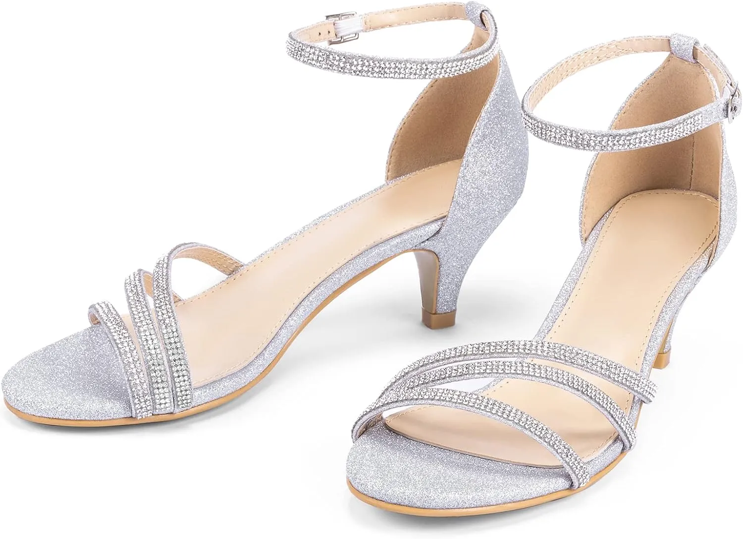 Frank Mully Women's Sparkly Low Kitten Heel Open Toe Sandals Ankle Strap Glitter Bridal Wedding Dress Pump Shoes