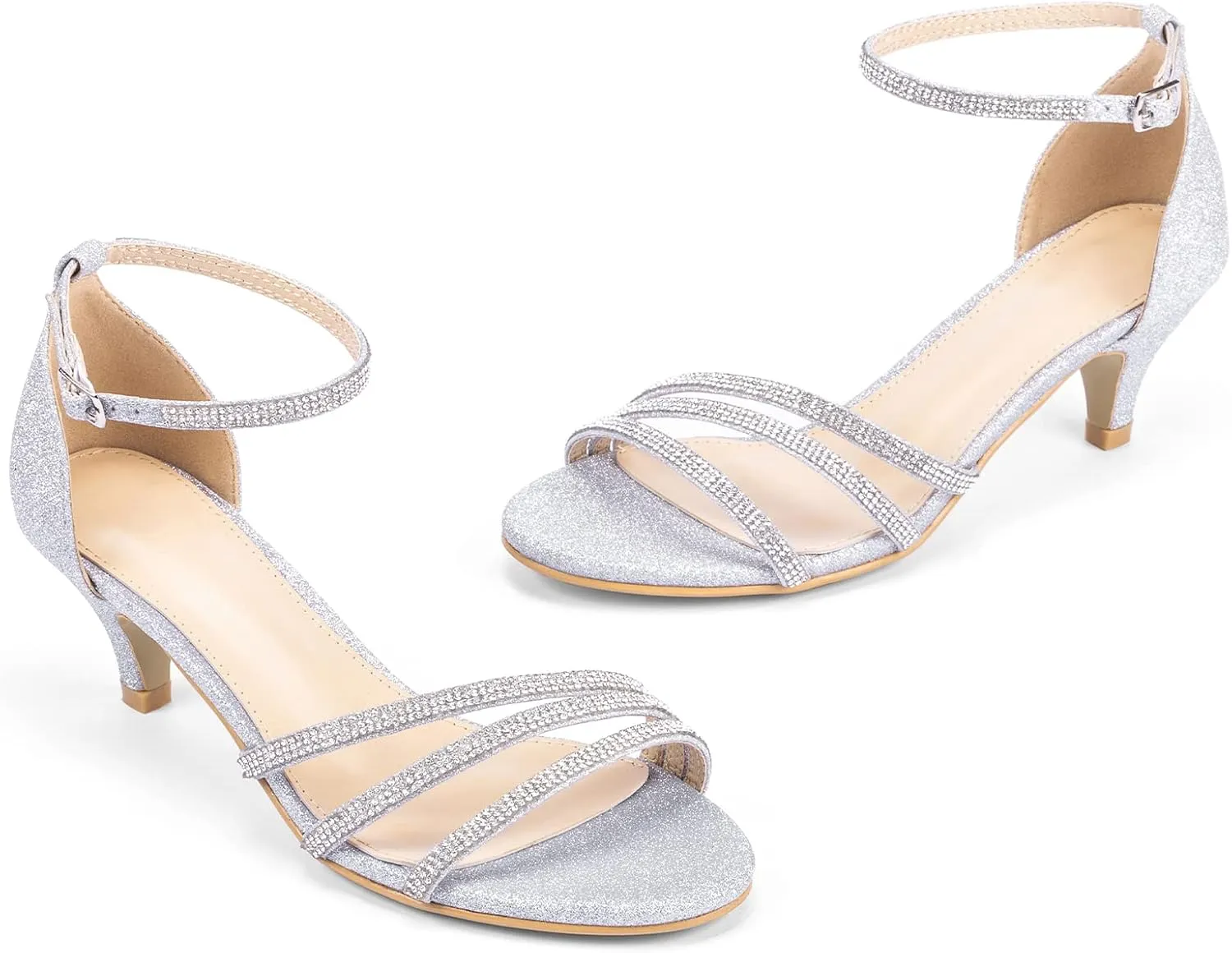 Frank Mully Women's Sparkly Low Kitten Heel Open Toe Sandals Ankle Strap Glitter Bridal Wedding Dress Pump Shoes