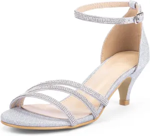 Frank Mully Women's Sparkly Low Kitten Heel Open Toe Sandals Ankle Strap Glitter Bridal Wedding Dress Pump Shoes