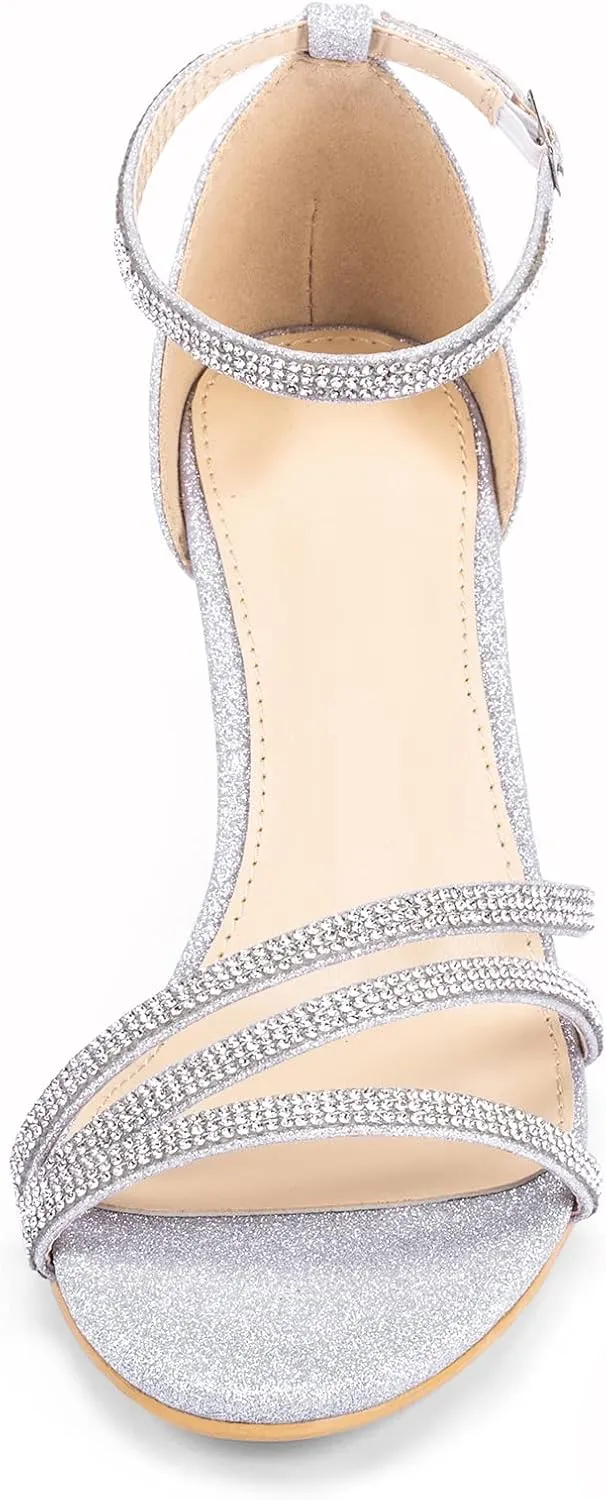 Frank Mully Women's Sparkly Low Kitten Heel Open Toe Sandals Ankle Strap Glitter Bridal Wedding Dress Pump Shoes
