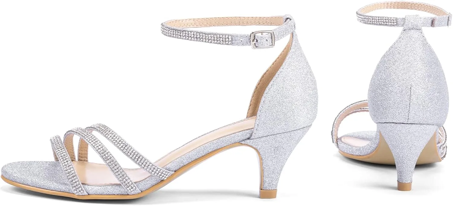Frank Mully Women's Sparkly Low Kitten Heel Open Toe Sandals Ankle Strap Glitter Bridal Wedding Dress Pump Shoes