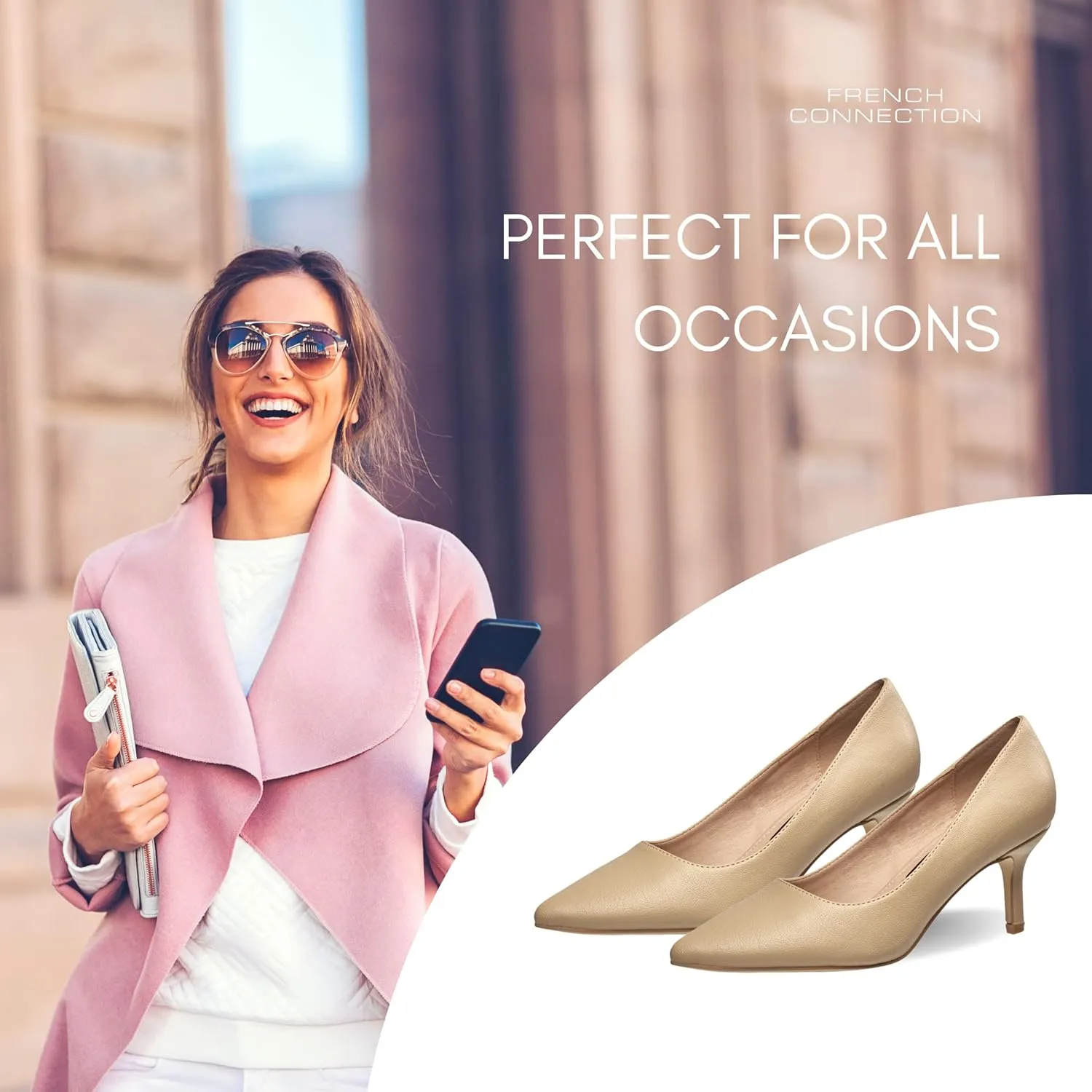 French Connection Kitten Heel Pumps for Women Closed Pointy Toe Slip-On Fashion Work Office Dress Shoes for Women