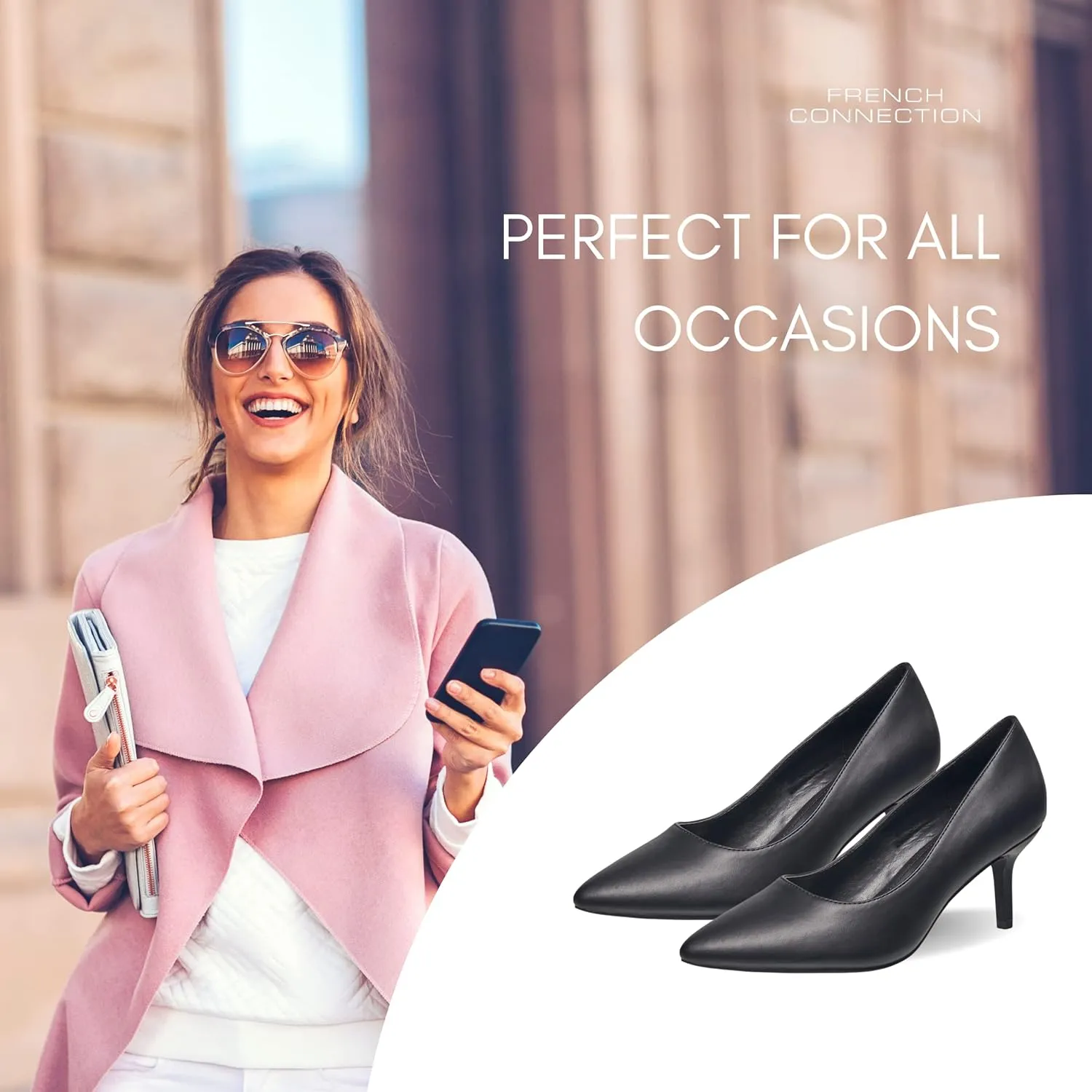 French Connection Kitten Heel Pumps for Women Closed Pointy Toe Slip-On Fashion Work Office Dress Shoes for Women