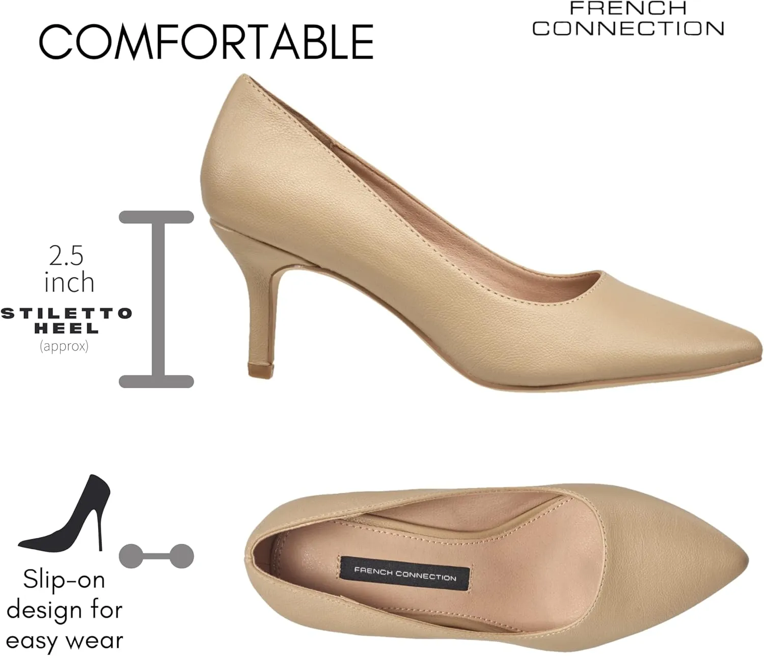 French Connection Kitten Heel Pumps for Women Closed Pointy Toe Slip-On Fashion Work Office Dress Shoes for Women