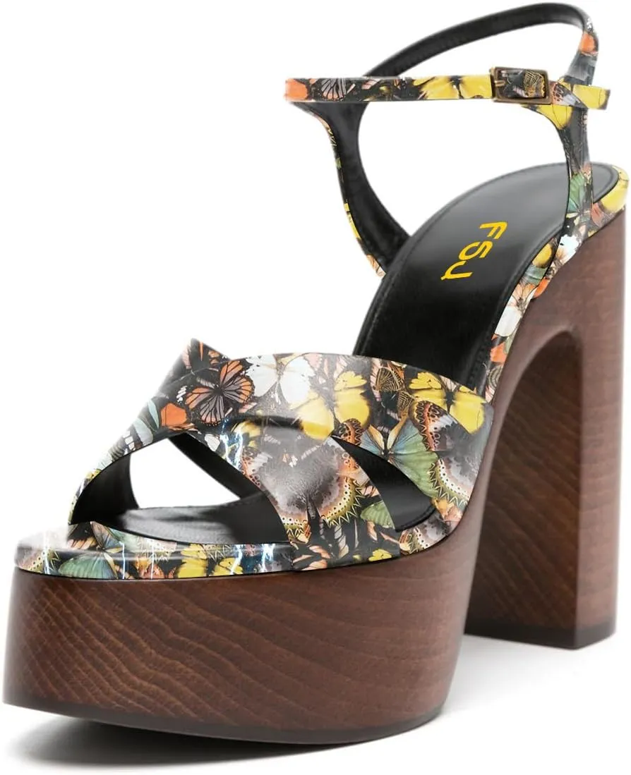 FSJ Women Chunky Block High Heel Platform Open Toe Sandals Ankle Strap Buckle Comfortable Wooden Heel Prom Party Brunch Dress Shoes Size 4-16 US