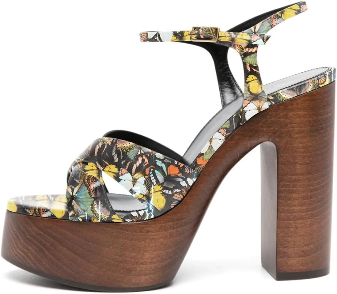 FSJ Women Chunky Block High Heel Platform Open Toe Sandals Ankle Strap Buckle Comfortable Wooden Heel Prom Party Brunch Dress Shoes Size 4-16 US
