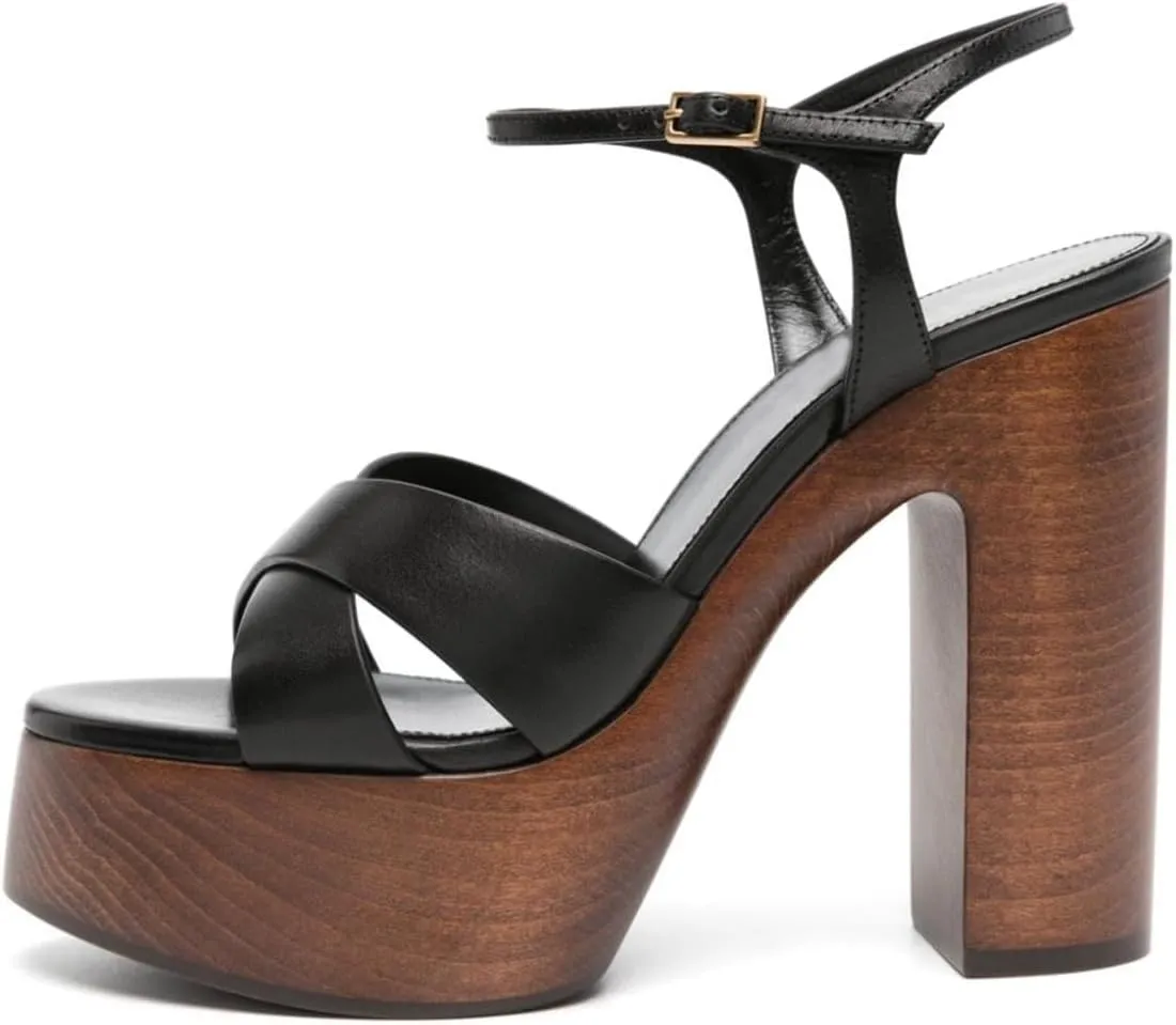 FSJ Women Chunky Block High Heel Platform Open Toe Sandals Ankle Strap Buckle Comfortable Wooden Heel Prom Party Brunch Dress Shoes Size 4-16 US