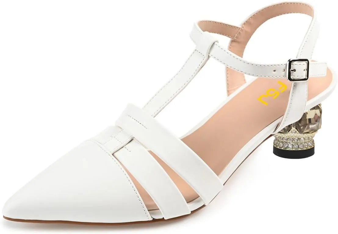 FSJ Women Elegant Block Low Heel T-Strap Pointed Toe Ankle Strap Gladiator Sandals Crystal Office Work Pump Shoes Size 4-16 US