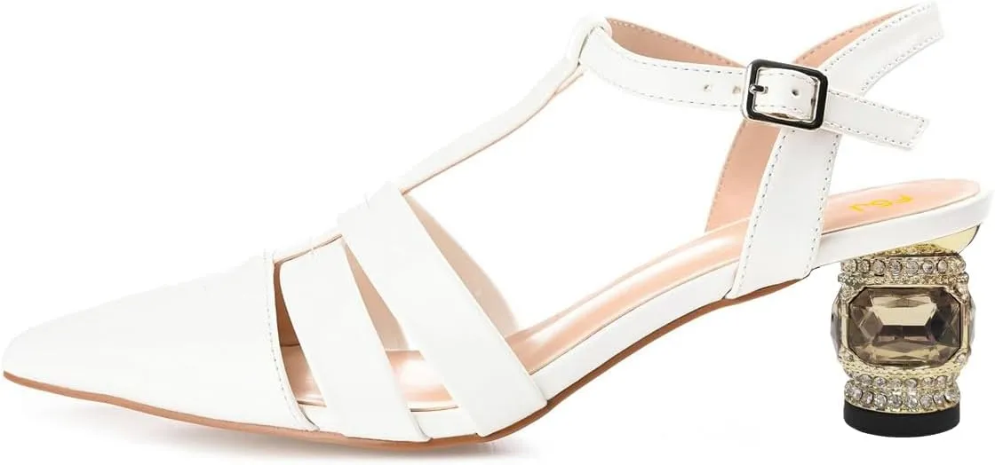 FSJ Women Elegant Block Low Heel T-Strap Pointed Toe Ankle Strap Gladiator Sandals Crystal Office Work Pump Shoes Size 4-16 US