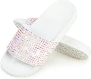 Fur Story Womens Slides House Slippers Rhinestone Glitter Slides Cute bling Flat for Women Platform Sandals Cozy Bedroom Slippers Shower Shoes