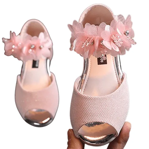 Girls Flower Rhinestone Low Heel Shoes