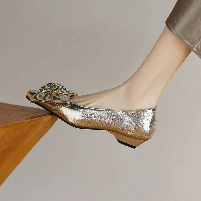 Gold Silver Women High Heel Shoes Round Toe Low Square Heel