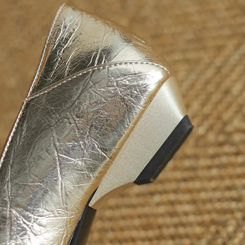 Gold Silver Women High Heel Shoes Round Toe Low Square Heel
