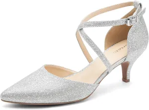 Greatonu Women's Low Heel Pumps Pointed Toe Bridal Wedding Party Kitten Heel Pump Shoes