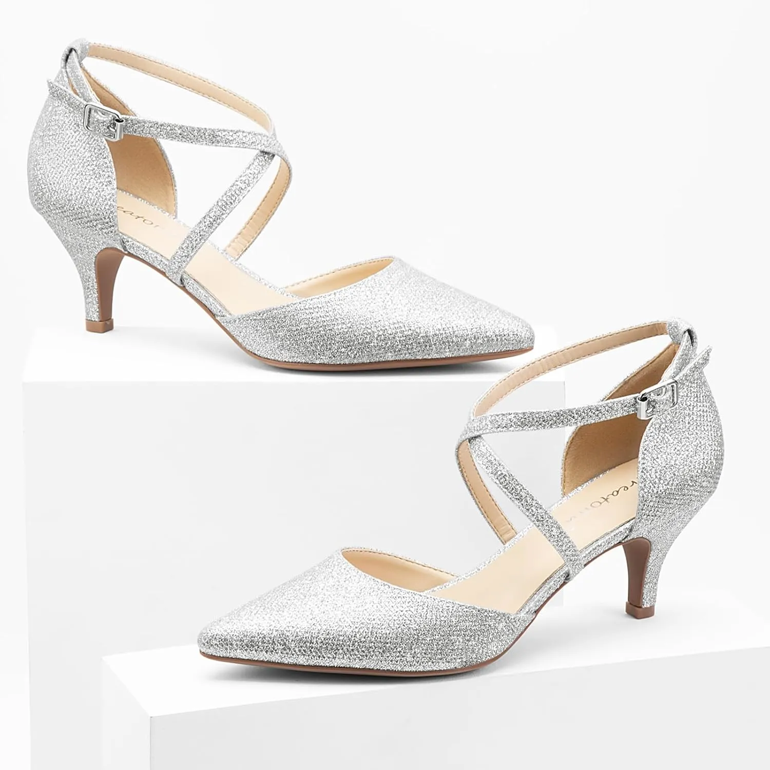 Greatonu Women's Low Heel Pumps Pointed Toe Bridal Wedding Party Kitten Heel Pump Shoes