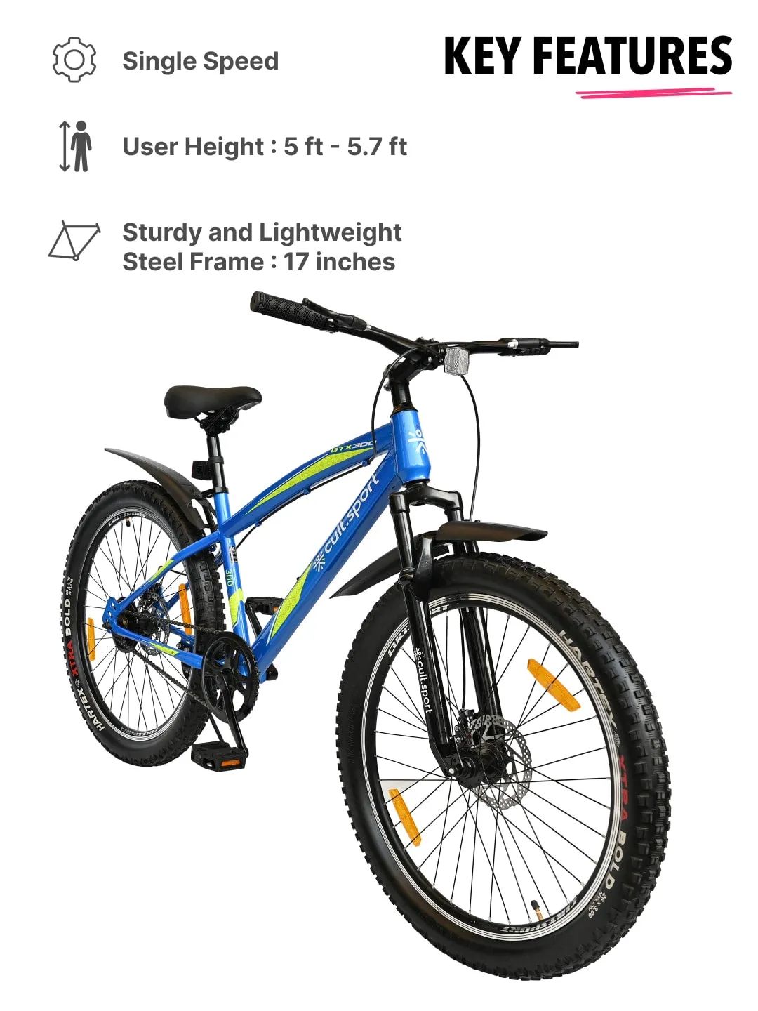 GTX30026TBLUE Steel Single Speed 26 inch Mountain Cycle, Front Suspension, Double Wall Rim, Free Trainer Sessions and Cycling Event