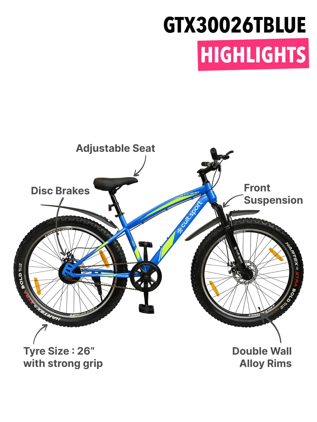 GTX30026TBLUE Steel Single Speed 26 inch Mountain Cycle, Front Suspension, Double Wall Rim, Free Trainer Sessions and Cycling Event
