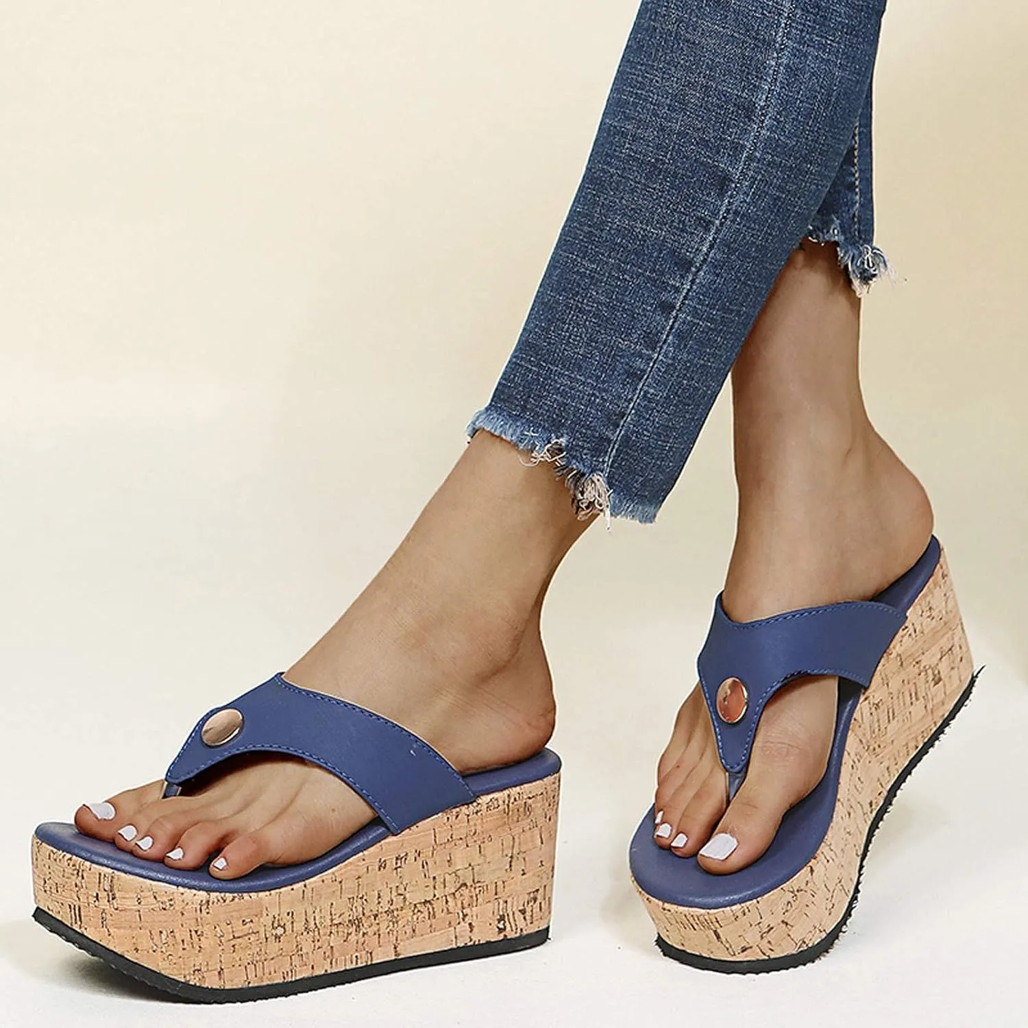 GUNIYIFS Womens platform Beach Slippers Wedge Heel Shoes Slip on Cork Sandals Summer High Heeled for Women Sandals Flip Flops