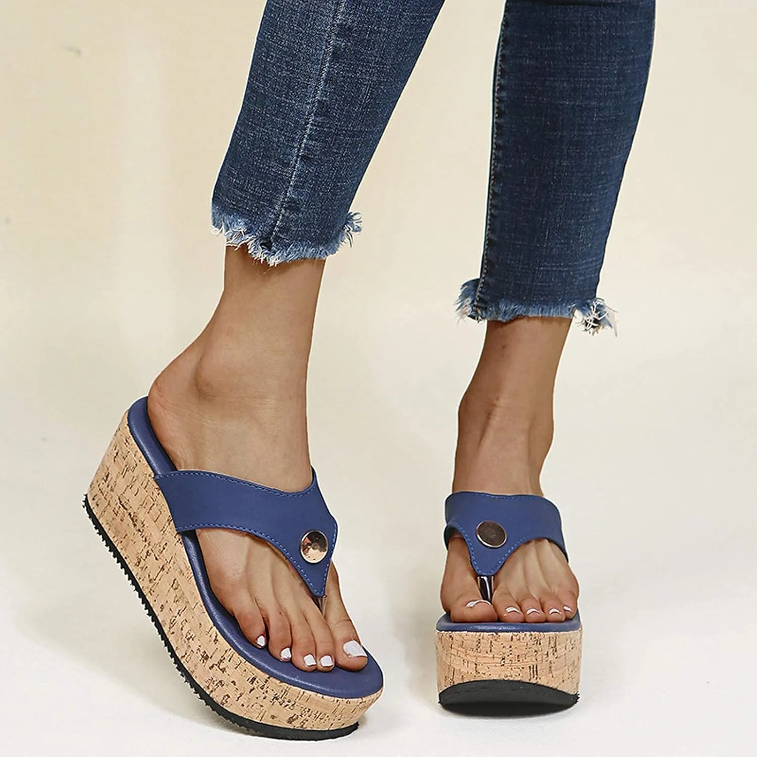 GUNIYIFS Womens platform Beach Slippers Wedge Heel Shoes Slip on Cork Sandals Summer High Heeled for Women Sandals Flip Flops