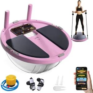 Half Balance Ball Trainer, Compact Portable Inflatable Exercise Yoga Stability Ball with App-Based Balance Game, Pilates Resistance Bands, Foot Pump, Non-Slip Base for for Full-Body Workouts, Home Gym & Easy Storage (18.3 Inch Pink)