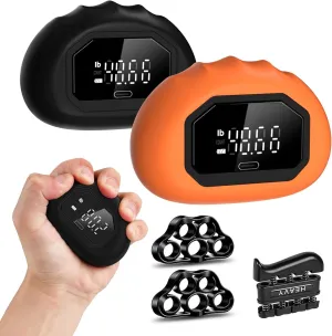 Hand Grip Strength Tester Trainer - HICHOR Rechargeable Mini Hand Strength Dynamometer for Hand Palm and Finger Workouts with Finger Exerciser and Stretcher Exercise Equipment Black Orange