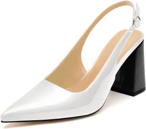 heelchic Slingback Heels for Women Block Heel Pointed Closed Toe Chunky Heel Slip on Wedding Dress Shoes Comfortable