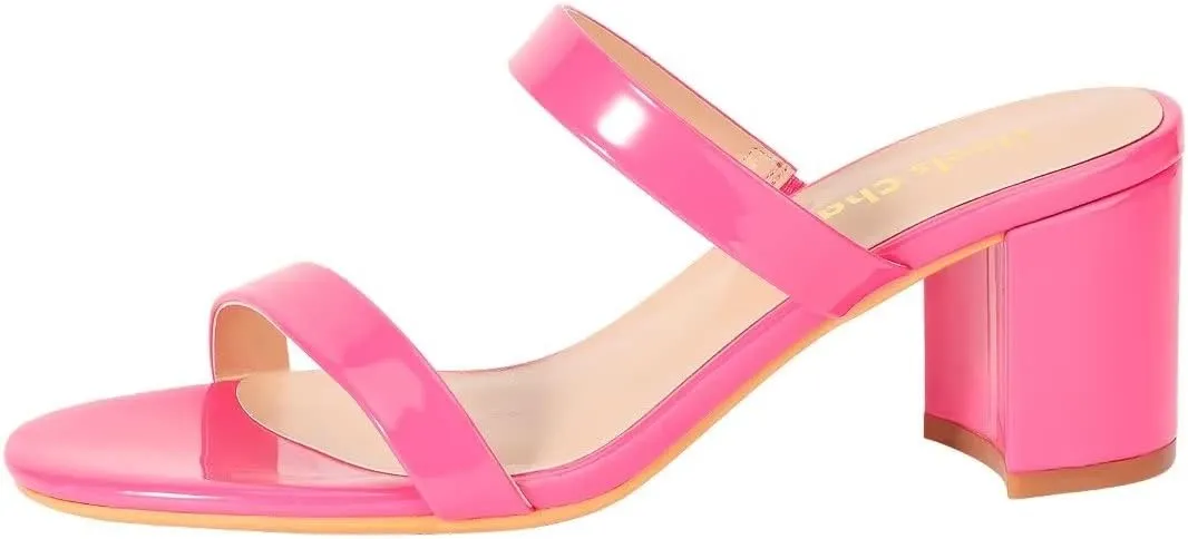 Heels Charm Women's Chunky Block Low Heeled Sandals 2.75 Inches Open Toe Two Strap Slip on Block High Heel Sandal Dress Sandals Daily Work Party Shoes