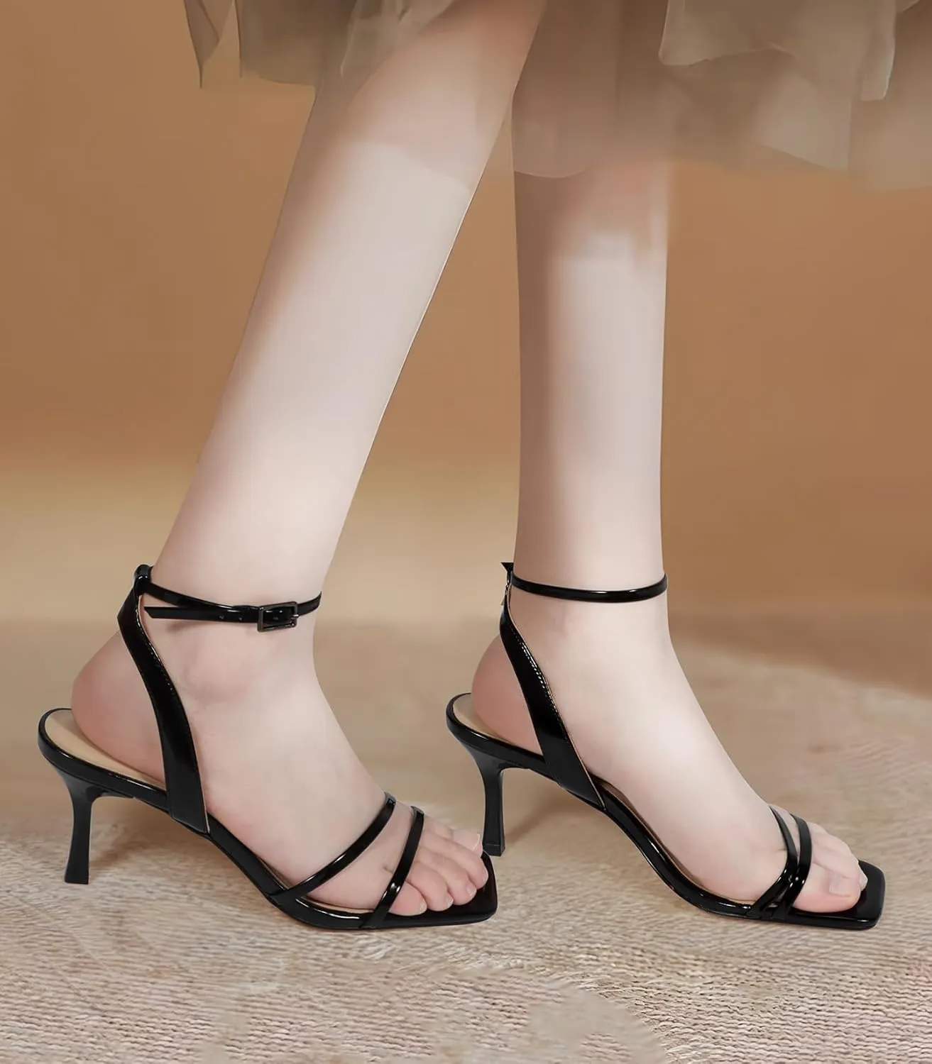 Heels Charm Women's Stiletto Heeled Sandals 2.95 Inches Open Toe Square Toe Two Straps Ankle Strap Strappy High Heel Sandal Dress Dancing Sandals Daily Work Party Wedding Shoes