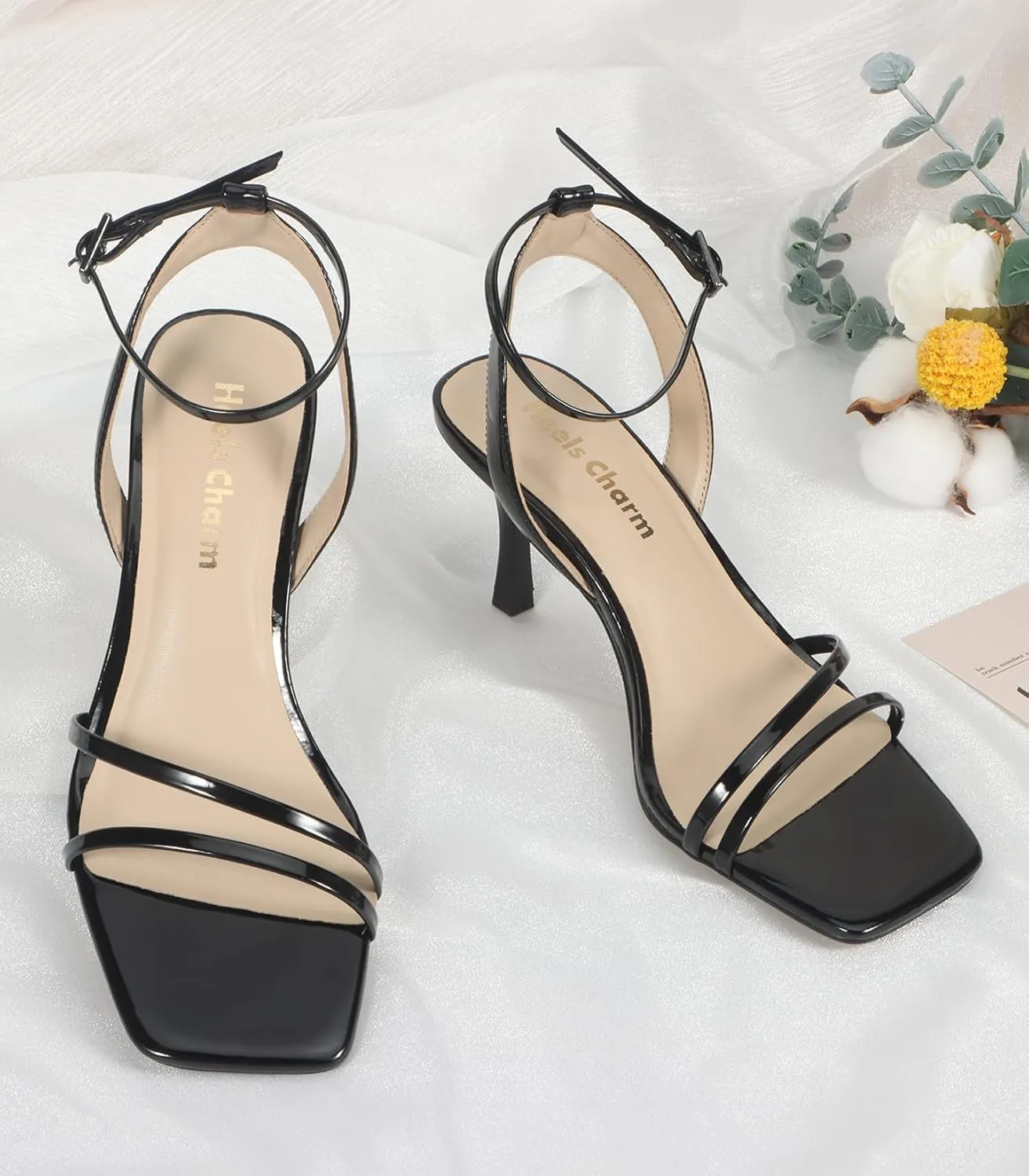Heels Charm Women's Stiletto Heeled Sandals 2.95 Inches Open Toe Square Toe Two Straps Ankle Strap Strappy High Heel Sandal Dress Dancing Sandals Daily Work Party Wedding Shoes