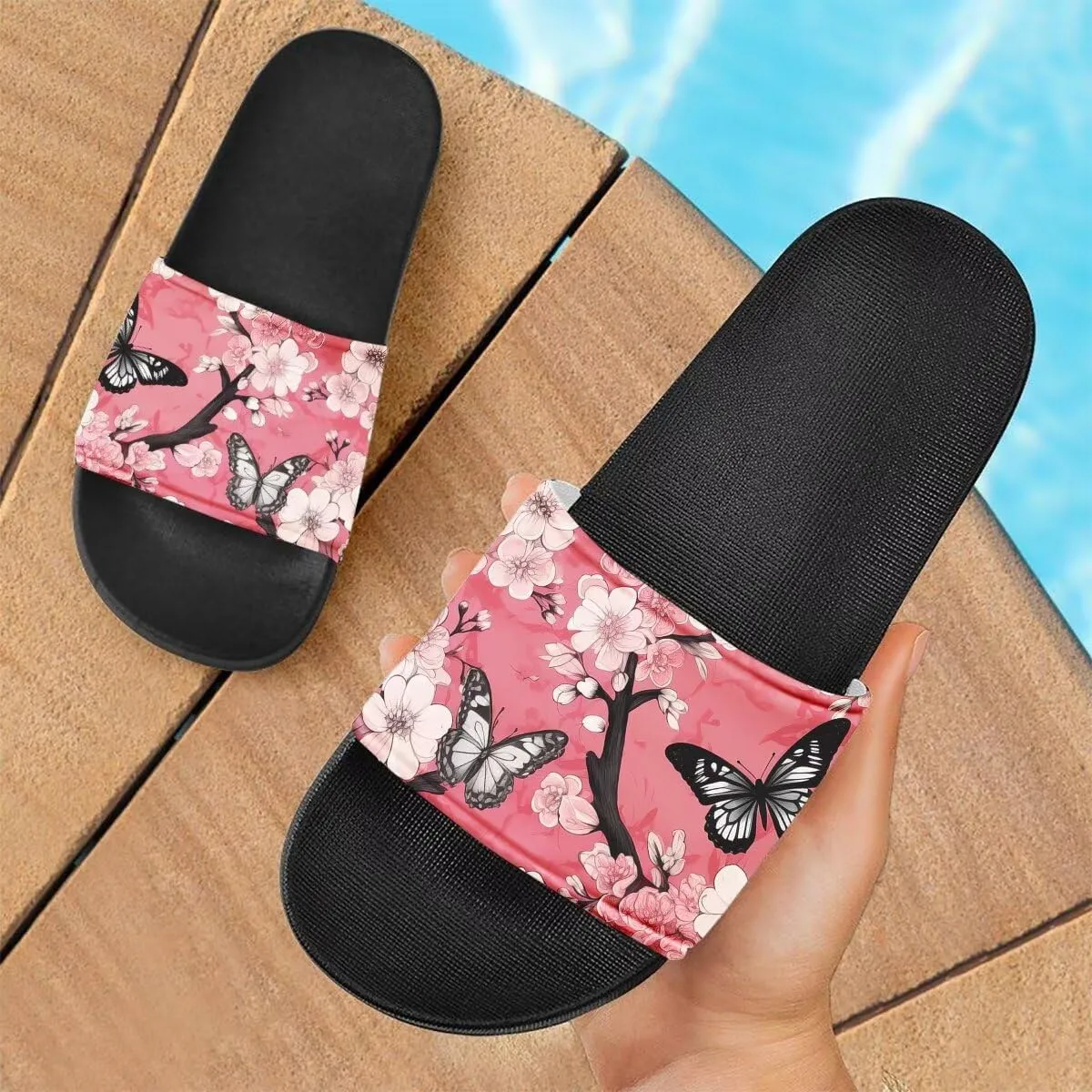 Howilath Cute Animal Women's Classic Open Toe Single Band Slip-On Flat Slide Sandal, Mandala Galaxy Butterflies Colorful Design Women Shower Slippers