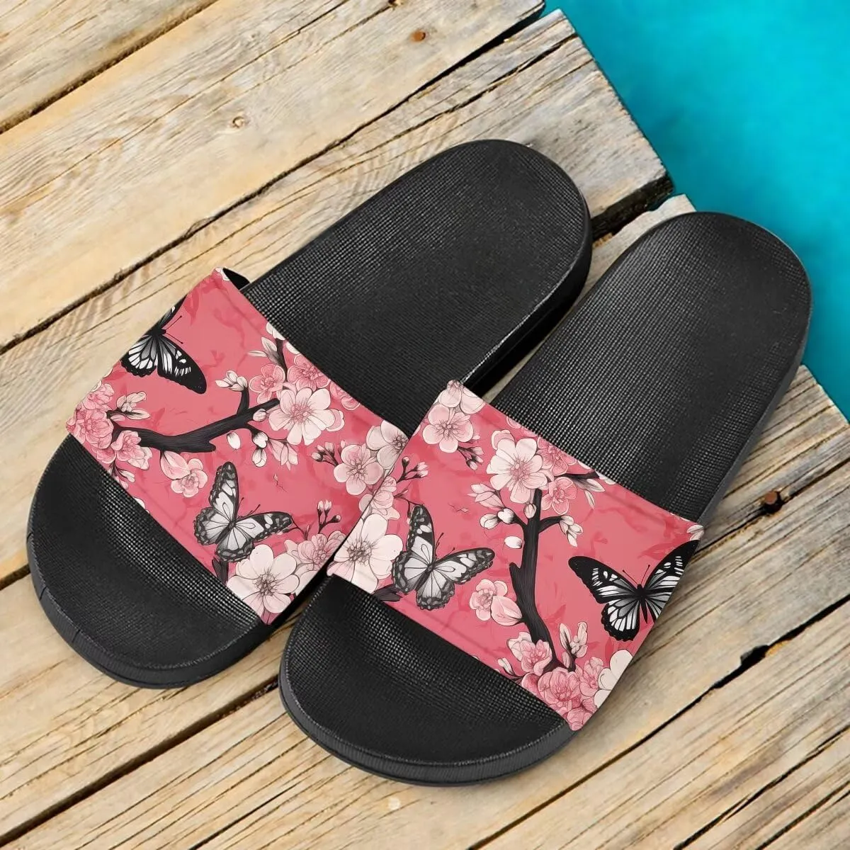 Howilath Cute Animal Women's Classic Open Toe Single Band Slip-On Flat Slide Sandal, Mandala Galaxy Butterflies Colorful Design Women Shower Slippers