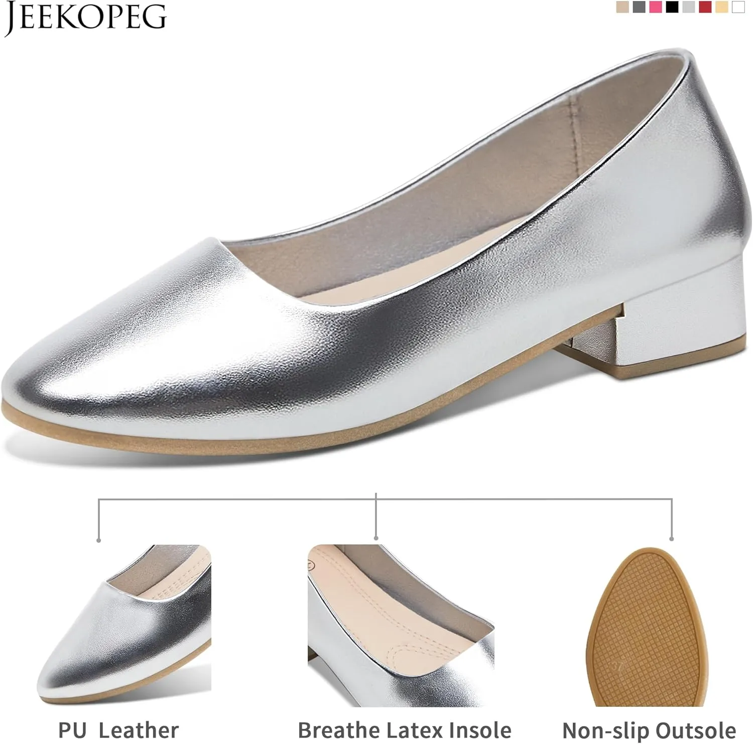 Jeekopeg Low Chunky Pumps Women's Round Toe Heels PU Leather Chunky Pump Shoes Classic Closed Toe Pumps Low Heel Dress Shoes for Women
