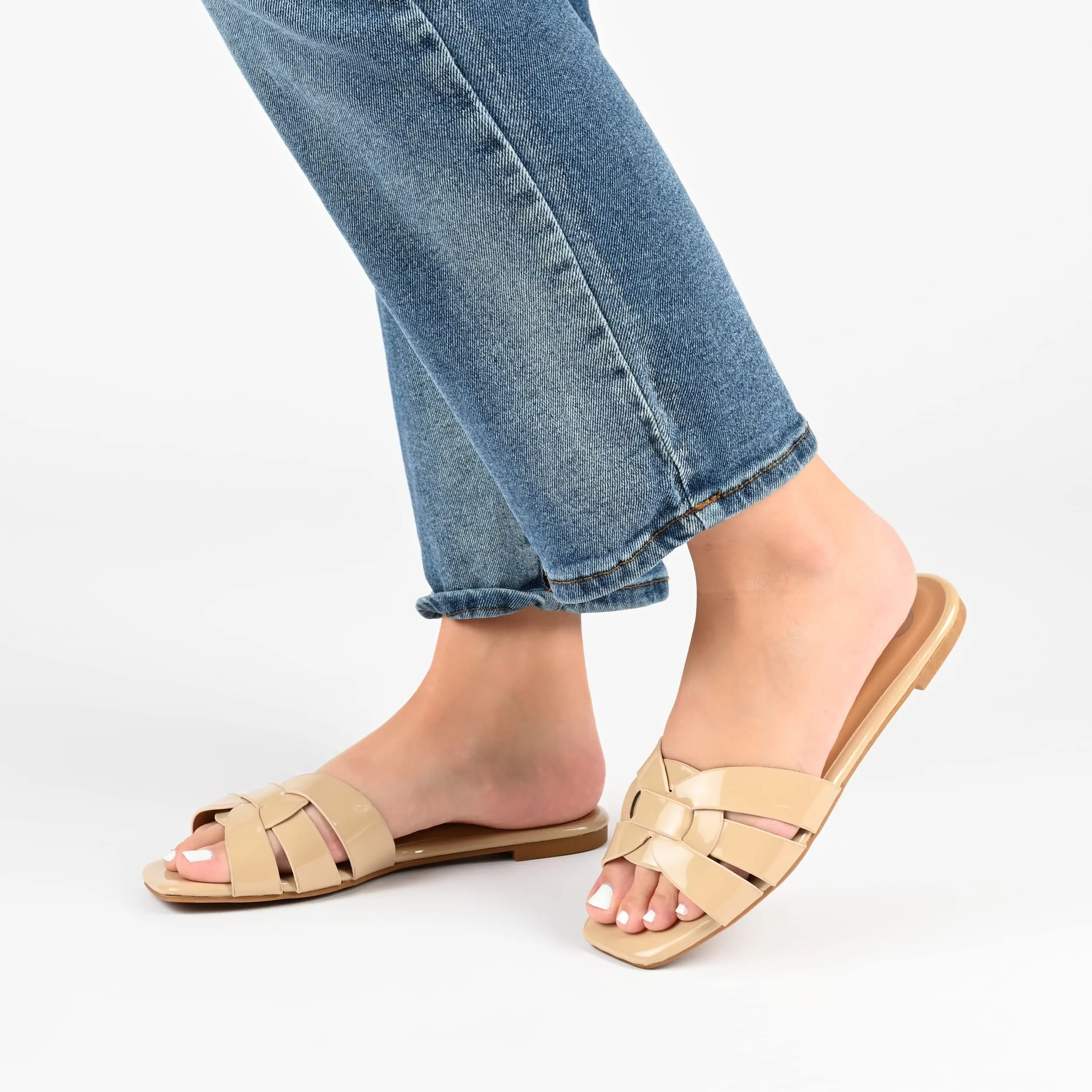 Journee Womens Flat Open Square Toe Fashion Banded Sandal Comfortable Dressy Slip On Arrina Slide Blush 9 Medium Womens US