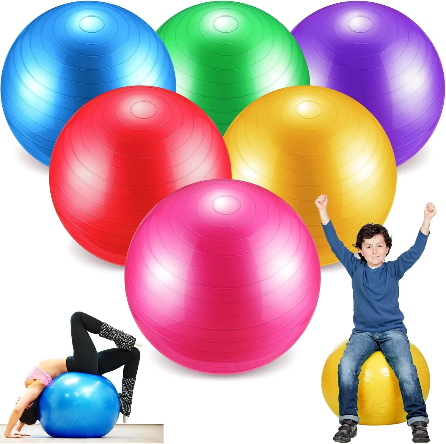 Junkin 6 Pcs Exercise Yoga Ball Bulk for Yoga Chairs Heavy Duty for Balance Include Pump for Stretching Physical Posture Improves Balance