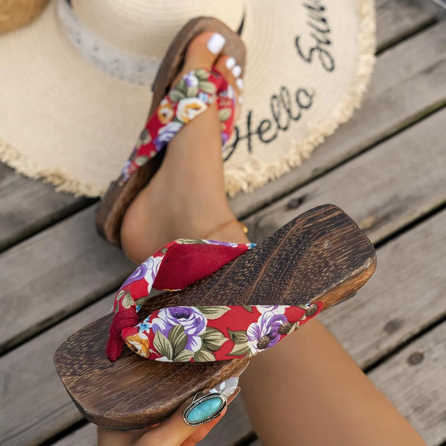 Ladies Summer Retro Toe Flower Ethnic Wooden Bottom Thick Bottom Outer Wear Beach Large Size Womens Leopard Sandals 8