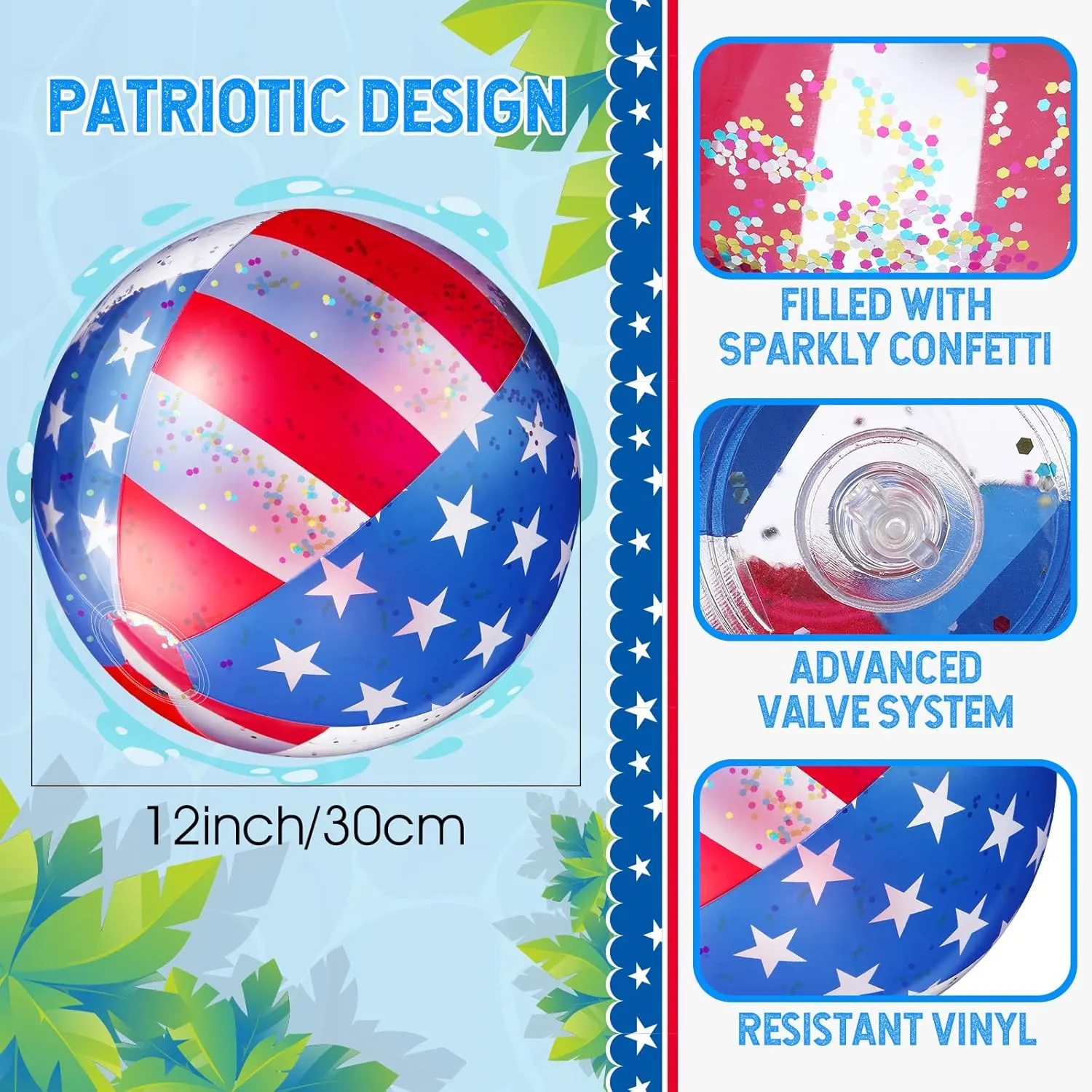 Lewtemi Patriotic Inflatable Glitter Beach Ball Confetti Pool Beach Balls 12 Inch USA Flag Swimming Pool Party Ball Independence Day Ball for Adults Summer Beach, Pool and Party Favor