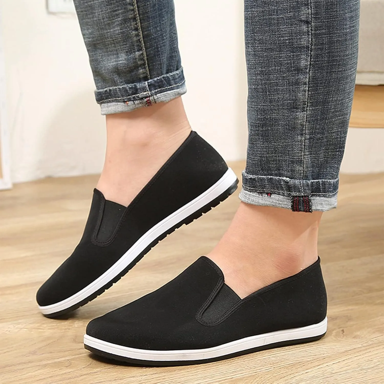 Light and Breathable Martial Arts Footwear, Men Chinese Traditional Old Beijing Kung Fu Style Canvas Kung Fu Slip-On Shoes, Comfortable Rubber Sole Breathable Non-Slip and Wear-Resistant