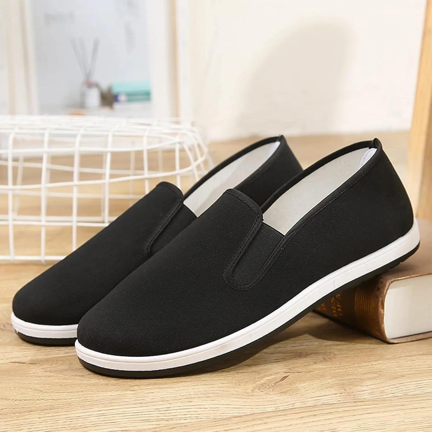 Light and Breathable Martial Arts Footwear, Men Chinese Traditional Old Beijing Kung Fu Style Canvas Kung Fu Slip-On Shoes, Comfortable Rubber Sole Breathable Non-Slip and Wear-Resistant