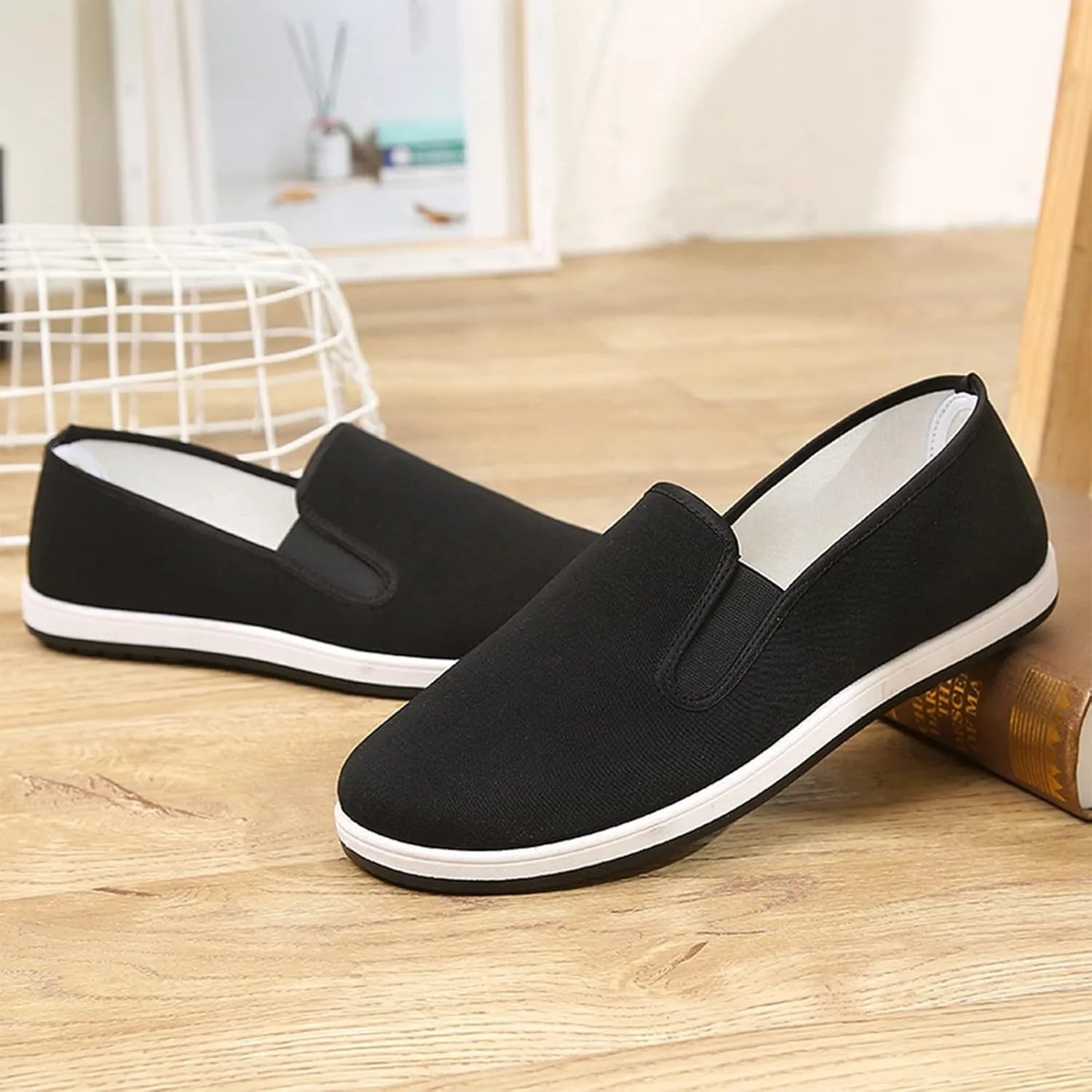 Light and Breathable Martial Arts Footwear, Men Chinese Traditional Old Beijing Kung Fu Style Canvas Kung Fu Slip-On Shoes, Comfortable Rubber Sole Breathable Non-Slip and Wear-Resistant
