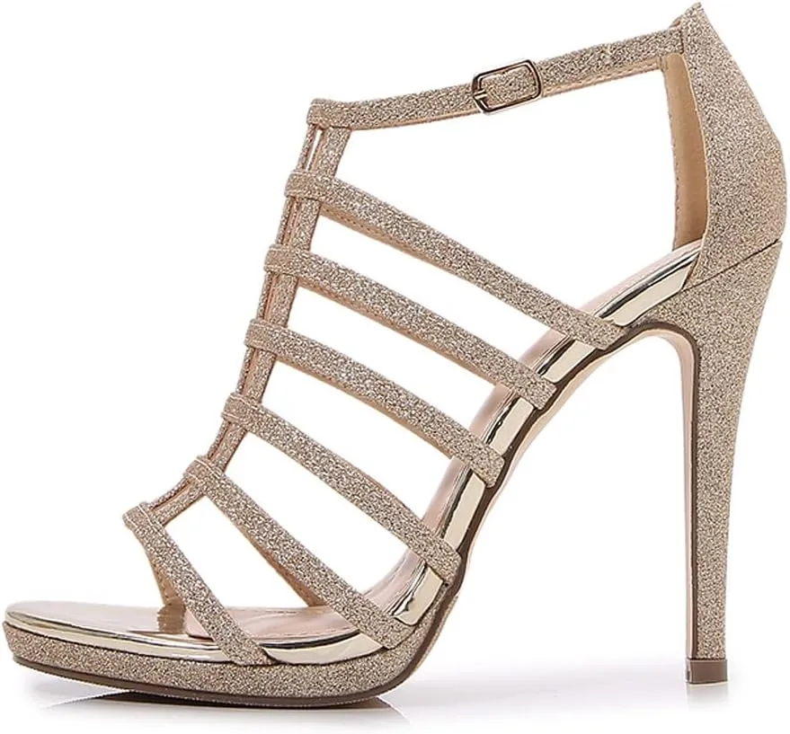 LizFoYa Women Glitz Peep Toe Strappy Caged Heeled Sandals Glitter Cutout Sexy Stiletto Evening Platform High Heels
