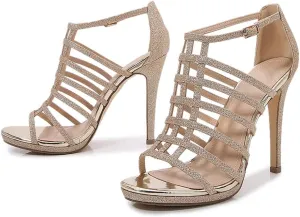 LizFoYa Women Glitz Peep Toe Strappy Caged Heeled Sandals Glitter Cutout Sexy Stiletto Evening Platform High Heels