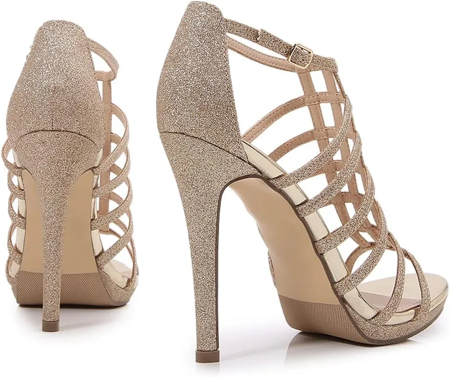 LizFoYa Women Glitz Peep Toe Strappy Caged Heeled Sandals Glitter Cutout Sexy Stiletto Evening Platform High Heels