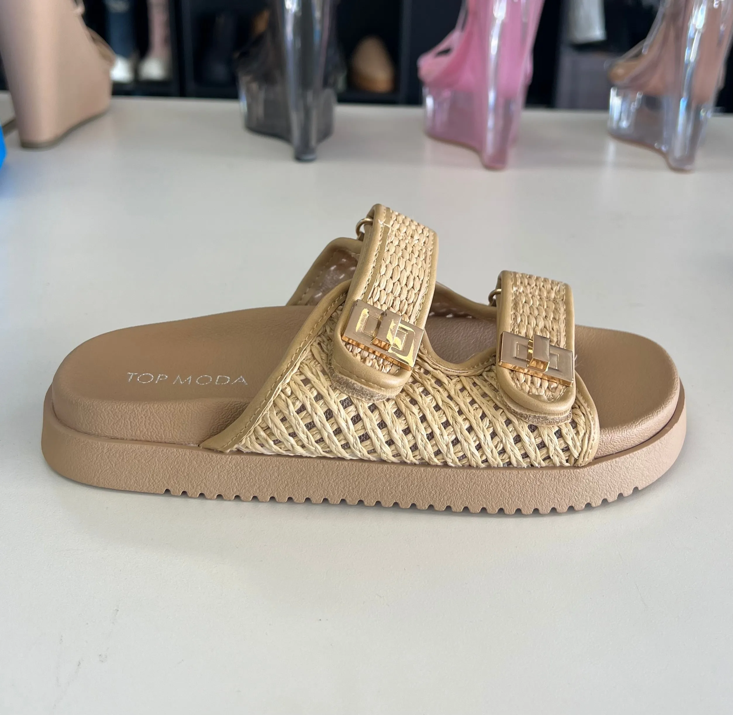 LYON-56 Beige Open Weave Natural Raffia Sandal
