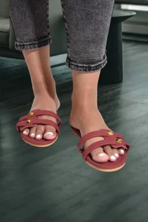 Maroon Studded Slip On Sandal